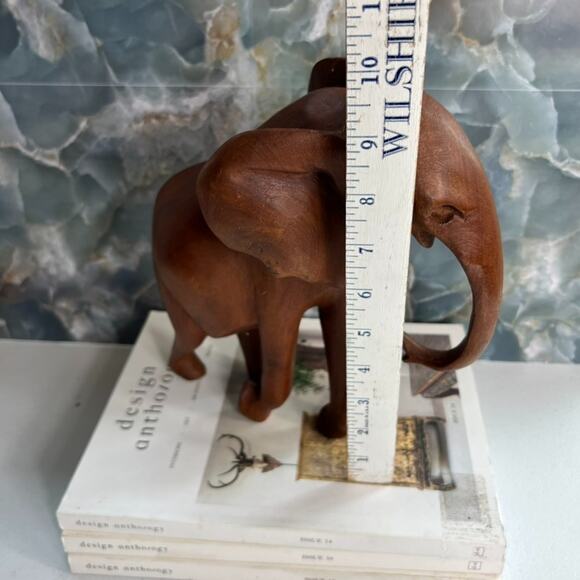 Hand Carved Wooden Elephant Figurine 10" Tall Decorative Sculpture - Picture 8 of 9